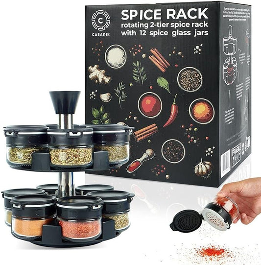 Rotating Spice Rack Organizer - 2-Tier Spice Carousel with 12 Empty Glass Jars, Dual-Lid, Preprinted & Blank Labels, Space-Saving Countertop Spice Storage