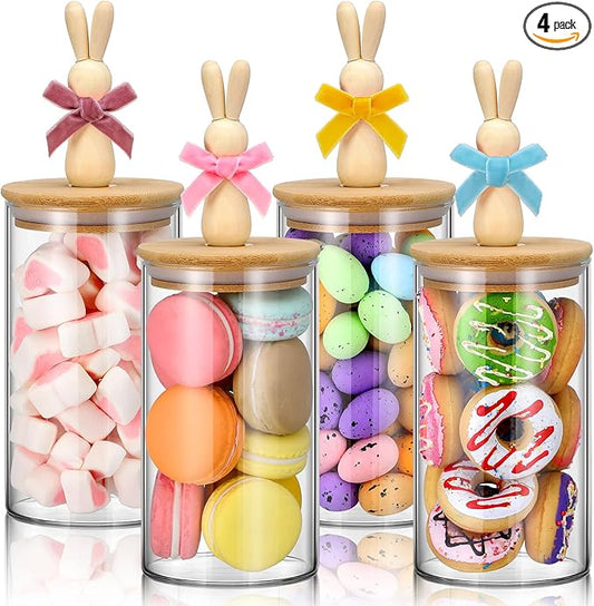 Nitial 4 Pcs Easter Glass Jar with Cap Bunny Ear Egg Clear Candy Jar Decorative Food Storage Canister with Airtight Ceramic Lid for Eater Party Tea Cookie Table Decoration (22 oz,Wooden Rabbit)
