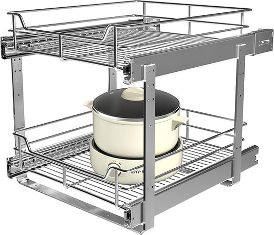 2-Tier Pull Out Cabinet Organizer (17.5"W x 22"D), Pull Out Shelves and Drawer for Kitchen Pantry Storage Basket, Heavy-Duty Metal Sliding Shelf, Chrome Finish