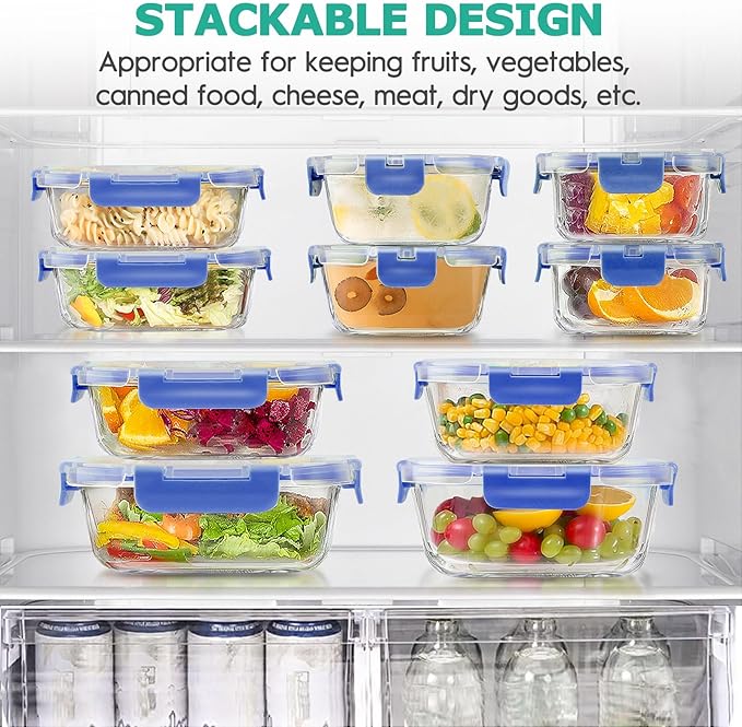 34pcs Glass Food Storage Containers with Lids Set, Airtight Glass Meal Prep Containers (17 Containers & 17 Lids), Leak Proof Lunch Containers BPA-Free, Microwave, Oven, Freezer, Dishwasher Safe-Blue
