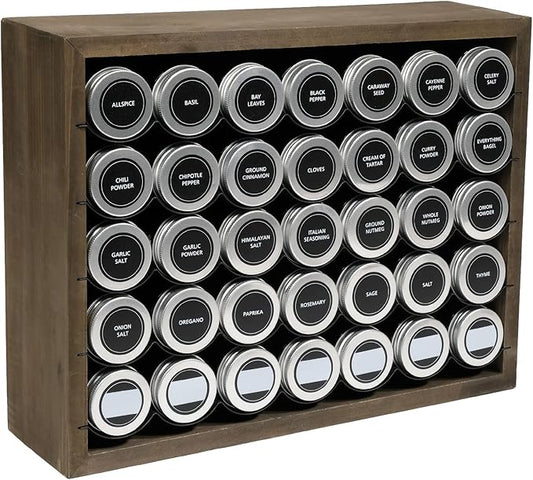 Excello Global Products Hanging Spice Rack - Includes 35 Glass Spice Jars and Accessories (Brown)