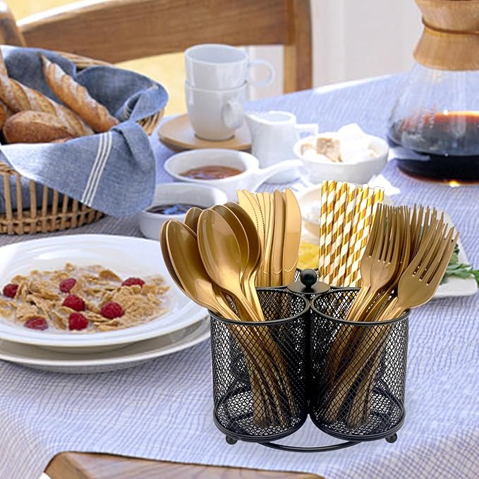 Silverware Holder Utensil Caddy - 360° Rotating Silverware Caddy 4 Compartment Metal Cutlery Organizer Fork Spoon Plastic Flatware Storage Basket Party Countertop Picnic Outdoor Modern Black
