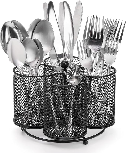 Peohud Rotating Utensil Holder, 4 Compartment Silverware Cutlery Caddy, Metal Flatware Organizer for Spoons, Knives, Forks and Napkin