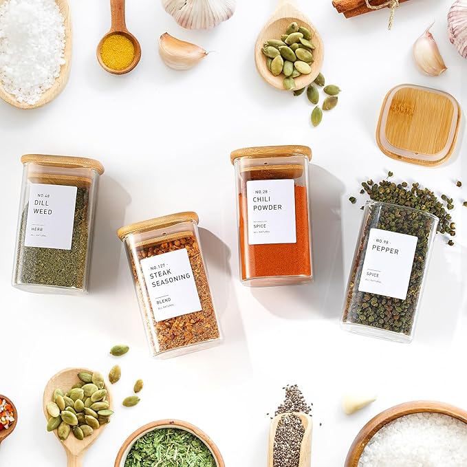 12Pcs Glass Spice Jars with Bamboo Airtight Lids, 8oz Spice Containers with 340 Preprinted Spice Labels of White and Black Color, Empty Seasoning Containers for Spice Salt Sugar Herb