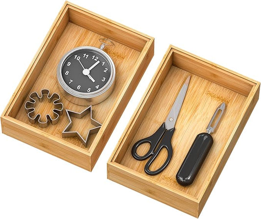Bamboo Drawer Organizer Storage Box Kitchen - Wood Stackable Tray Set of 2 (9x6x2 inch)
