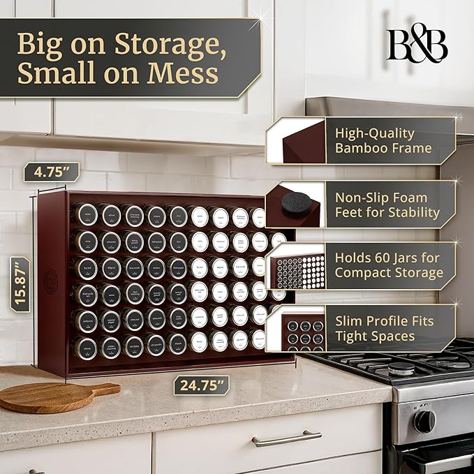 BOURBON & BARREL Wooden Spice Rack Organizer with Glass Jars | Stainless Steel Lids | Bamboo Countertop Spice Organization | 350 Waterproof Spice Labels | 2 Chalk Markers | 60 4oz Jars [Cherry]