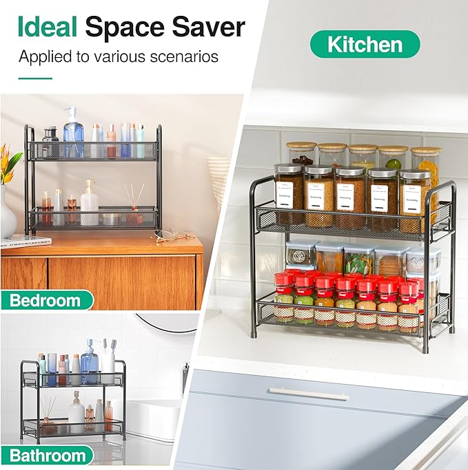 Spice Rack Organizer for Countertop 2 Pack, 2-Tier Counter Foldable Metal Standing Large Seasoning Storage Shelf for Kitchen Cabinet Bathroom Living Room Pantry Office, Black