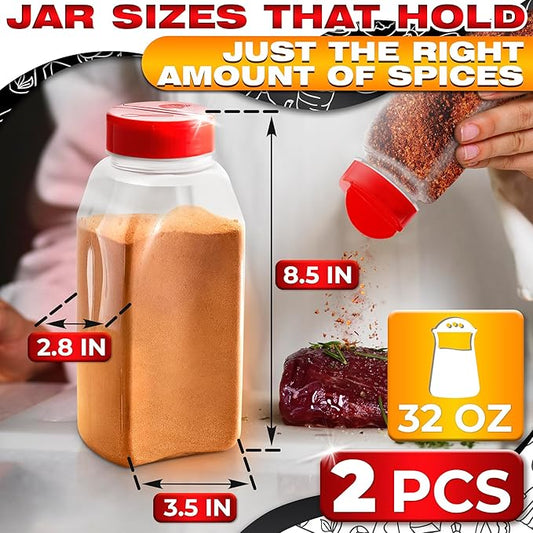 2Pcs Seasoning Containers with Dual Shake Lids – 32oz Kitchen Storage Jars for Herbs, Spices and Dry Goods, Transparent Design with Wide Mouth for Easy Filling, Durable Odor-Resistant Plastic Material