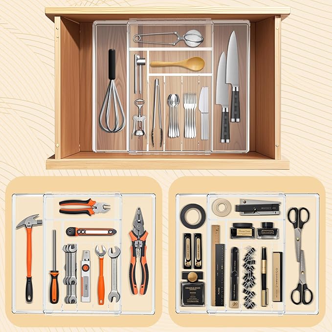 JYPS Silverware Organizer - Expandable Kitchen Drawer Organizer, Adjustable BPA Free Utensil Organizer, Cutlery Drawer Organizer for Forks, Knives, Clear Large