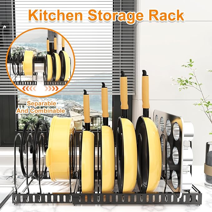 Pot And Pan Organizer Under Cabinet, Expandable Pans and Pots Organizer Rack Pot Lid Holder Shelf with 12 Different Size Dividers (12 Brackets-Black)