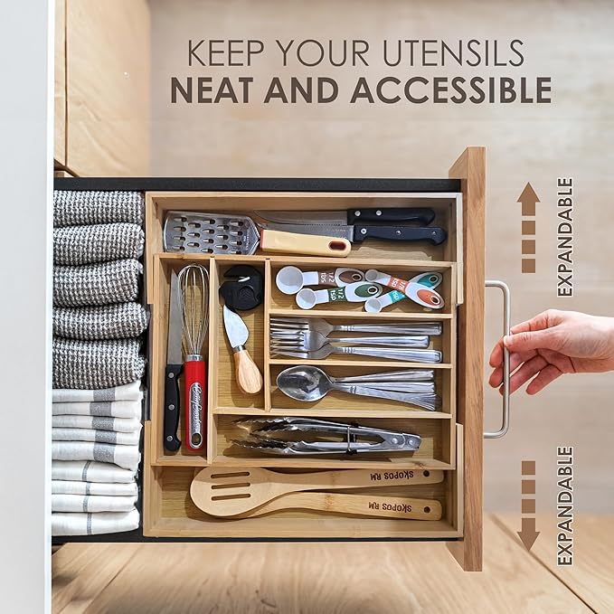 Bamboo Silverware Drawer Organizer with 7-Piece Bamboo Spoons for Cooking Set Non Toxic | Adjustable Drawer Tray & Eco-Friendly| bamboo Kitchen Organizer and Cooking Utensils