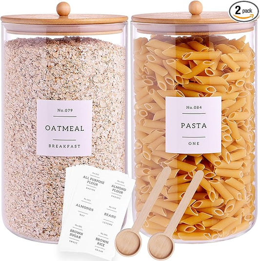 2 Pcs Large Jar with Lid for Kitchen Counter with 132 Pantry Labels and Spoon,Glass Canister Food Storage Container, Flour Container, Kitchen Storage Jars for Candy, Cookie (126oz X 2)