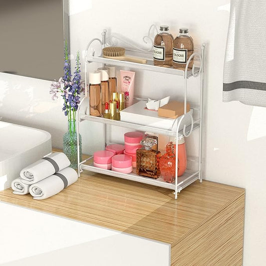 Bathroom Counter Organizer - Spice Rack Countertop 3 Tier Counter Shelf Organizer for Bathroom Kitchen Bedroom Foldable White