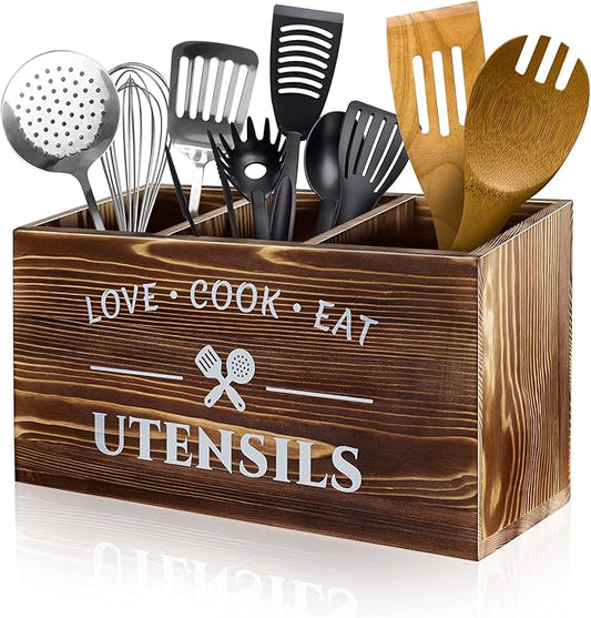 Brown Utensil Holder Rustic Utensil Caddy Crocks with 3 Compartments for Kitchen Counter, Farmhouse Wood Flatware Utensils Organizer Storage Box for Silverware Fork Spoon Spatula