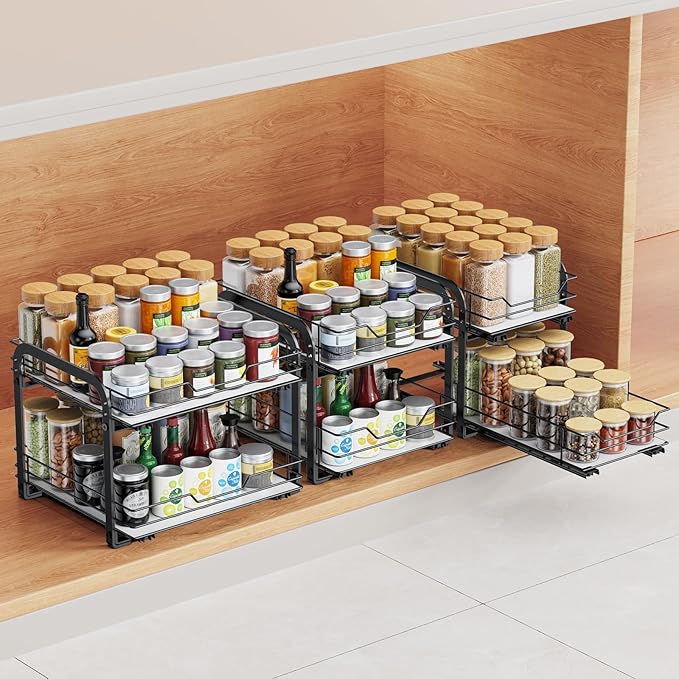 Spice Rack Organizer for Cabinet - 2-Tier Vertical Pull Out Spice Rack, Heavy Duty Metal Spice Shelf with Easy to Install Design, Fits Countertop, Cabinet & Pantry