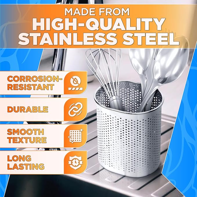Perforated Stainless Steel Chopstick Holder – Drying Basket for Chopsticks & Utensils, Compact Oval Design with Hook for Kitchen Organization, Easy Storage and Utensil Drying, Sturdy & Dishwasher Safe