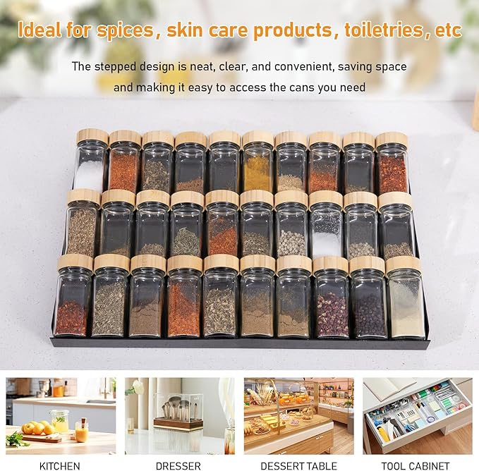 Expandable Spice Drawer Organizer, 3 Tier Seasoning Jars Drawer Insert, Spice Rack Organization for Drawer Cabinet Countertop Pantry Makeup Storage(Black)