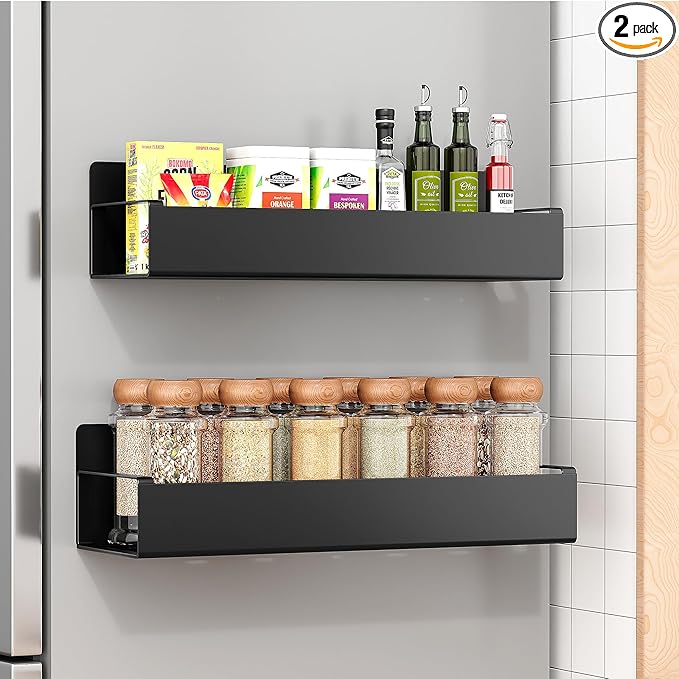 2 Pack Moveable Fridge Magnetic Spice Racks,Metal Black