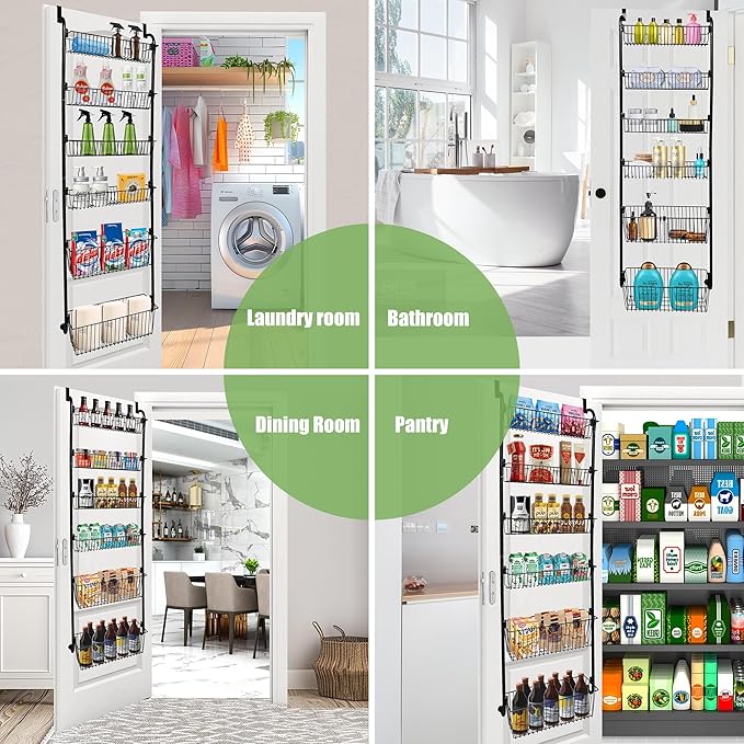 COOLFXEND Over the Door Pantry Organizer,6-Tier Pantry Door Organizers and Storage,Metal Over the Door Spice Rack for Pantry/Kitchen,Space Saving,Easy to Install,Black(4x4.72+2x5.9 Width Baskets)