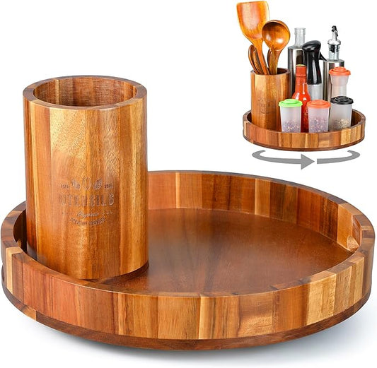 12" Lazy Susan Wooden Revolving Spice Rack with Utensil Holder, Turntable Kitchen Organizers and Storage for Counter Refrigerator Pantry Cabinet Cupboard, Farmhouse Kitchen Decoration, Brown