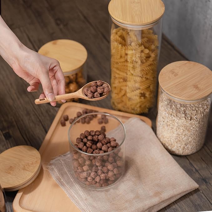 Glass Storage Jars 22oz [Set of 6],Clear Glass Food Storage Containers with Airtight Bamboo Lid Stackable Kitchen Canisters for Candy,Cookie,Rice,Sugar,Flour,Pasta,Nuts and Spice Jars