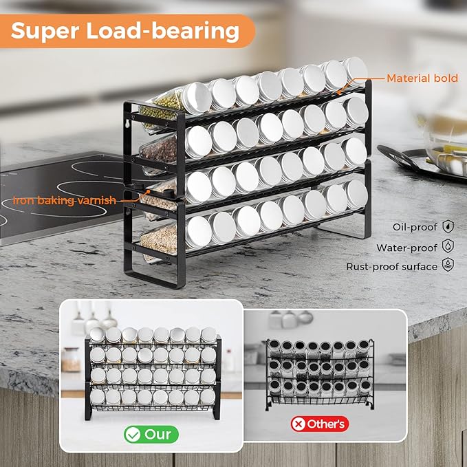 JONYJ Expandable Spice Rack Organizer for Cabinet, 4-tier Black Frosted Iron Countertop Stackable Seasoning Rack for Drawer, Wall Mount