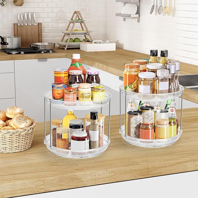 2pcs 2-Tier Lazy Susan Turntable Organizer, 9.2'' Spice Rack for Cabinet, Rotating Medicine Cabinet Organizer for Condiment, Pill Bottle, Kitchen Pantry, Countertop, Bathroom, Makeup Organizer
