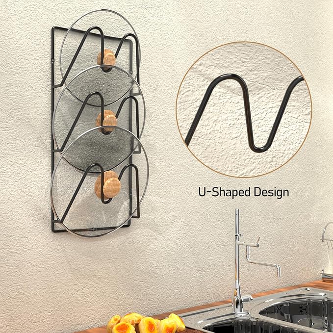 2-Pack Pot Lid Organizer, 6-Tier Pots & Pans Lid Holder Organizer for Cabinet or Wall/Door Kitchen Storage, No-Drill Adhesive Mount, Space-Saving Solution (Black)