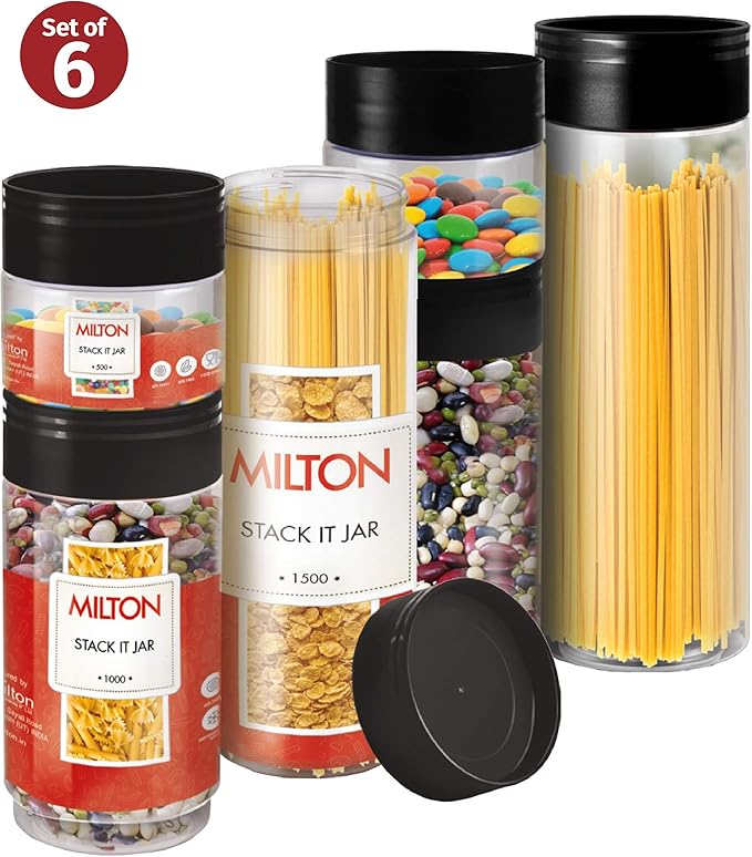 Plastic Jars with Lids – Set of 6 Clear Plastic containers– Space Saving Stackable Plastic Canisters with Lids – 2 of 16, 34, 50 oz. Wide Mouth Plastic Jars for Food Storage, Spaghetti, Crafts BPA Fre