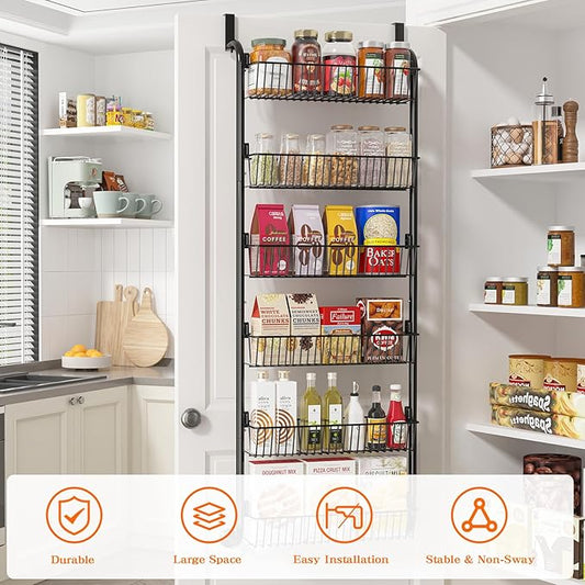 Over The Door Pantry Organizers and Storage, 6-Tier Spice Rack, Home & Kitchen Storage Shelves for Cabinet, Large Capacity Hanging Seasoning Organizer, Laundry Room Organization, Black