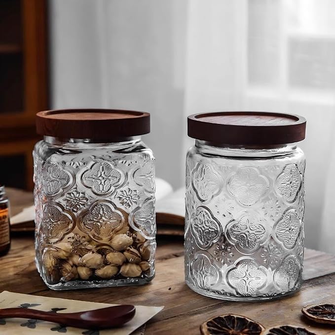 Glass Storage Jars With Airtight Lid, 23.7oz Container For Kitchen Counter with Wooden Lid, brown sugar, candy, coffee, cookie, salt, tea, cute Jar (Sunflower*2)