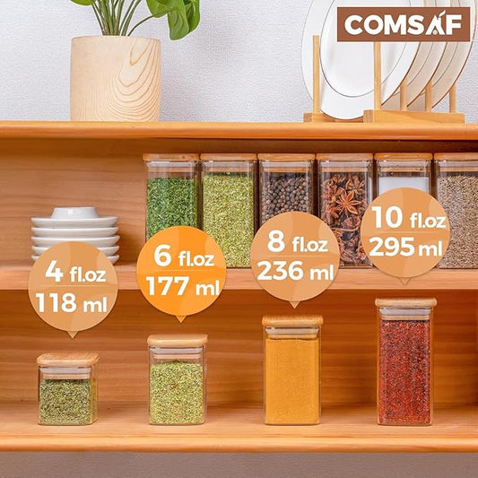 ComSaf 6Pcs 6 oz Spice Jars with Label Trial Set, Glass Spice Jars with Bamboo Lids Supplementary, Spice Container Trial Set, Perfect for Ktichen Starter