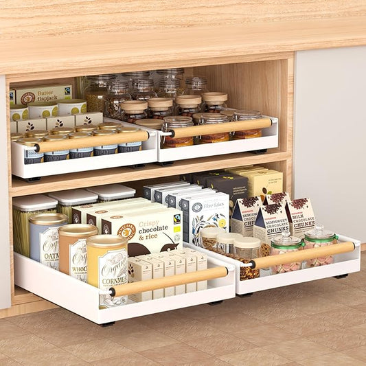 Pull out Cabinet Organizer, 16" Deep Pull Out Drawer for Kitchen Cabinets Adhesive with Nano Film, Slide out Cabinet Organizer Shelf for Pantry Bathroom Organization White