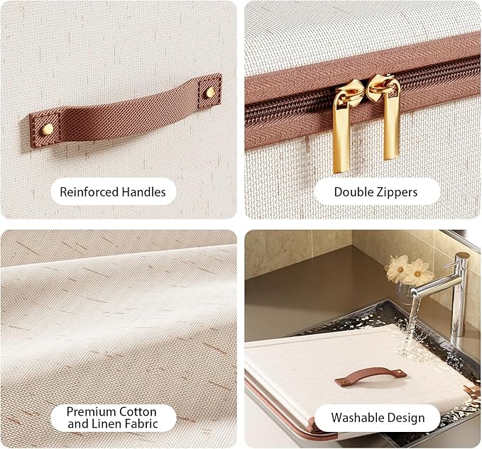 Tuza 3 Pcs Rigid Storage Bins with Zipper Lid, Cotton Linen Fabric Storage Boxes, Foldable Shelves Clothes Storage Cubes with Handles for Wardrobe, Closet(Beige, 42L)