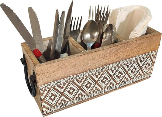 VANIYA CRAFTSR® Handmade Wooden Carved Design 3 Compartments Cutlery Utensil Holder For Napkins, Spoons, Forks, Tissues, Knife (Natural White Finish)