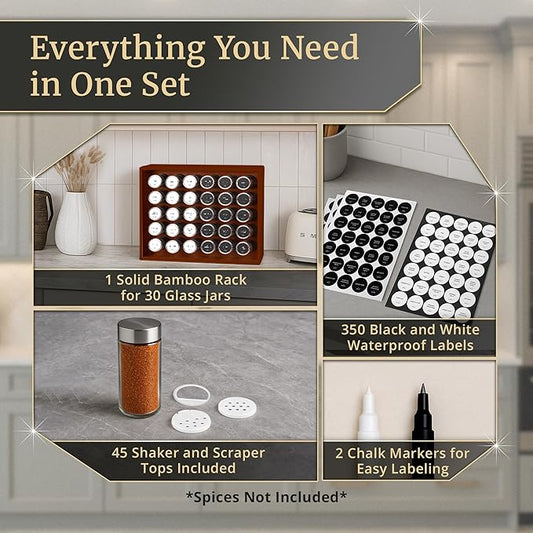BOURBON & BARREL Wooden Spice Rack Organizer with Glass Jars | Stainless Steel Lids | Bamboo Countertop Spice Organization | 350 Waterproof Spice Labels | 2 Chalk Markers | 30 4oz Jars [Walnut]