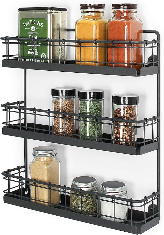 Spectrum Diversified Storage for Kitchen, Pantry, Cabinet, Industrial Gray Vintage Wall-Mount 3-Tier Spice Rack, Large