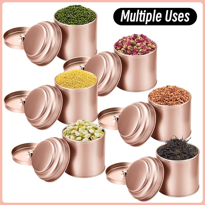 12 Pcs Tea Tin Canister with Airtight Double Lids 8 oz Round Tin Can Box Small Kitchen Tea Canister Loose Leaf Storage Containers for Loose Bags Coffee Sugar Candy Spices(Rose Gold)
