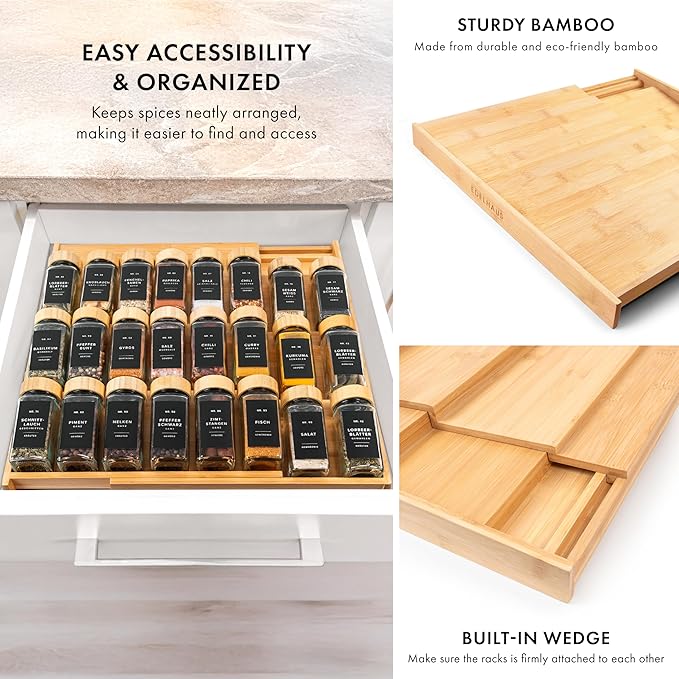 Bamboo Spice Drawer Organizer - Expandable 4 Tier Spice Rack (Need 3" Deep Drawer) 12" to 23" Wide, Seasoning Organizer, Organization Seasoning Rack insert for Kitchen Cabinet (Jars Not Included)