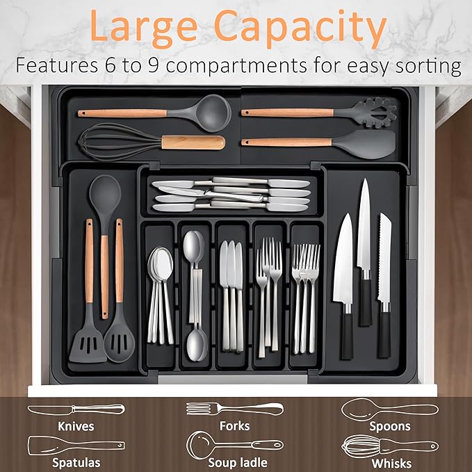 Silverware Organizer Expandable Kitchen Utensil Drawer Organizer Large BPA Free Adjustable Cutlery Silverware Tray for Spoons Forks Knives Storage Divider for Kitchen Flatware 6-9 Slots Black