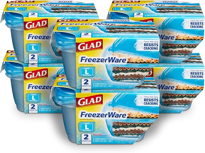 Gladware Freezerware Food Storage Containers, Large Rectangle Holds 64 Ounces of Food, 2 Count Set | Freezer Safe Containers to Store Food and Preserve Freshness | 6 Pack ( 12 Containers Total)