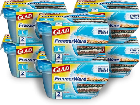 Gladware Freezerware Food Storage Containers, Large Rectangle Holds 64 Ounces of Food, 2 Count Set | Freezer Safe Containers to Store Food and Preserve Freshness | 6 Pack ( 12 Containers Total)