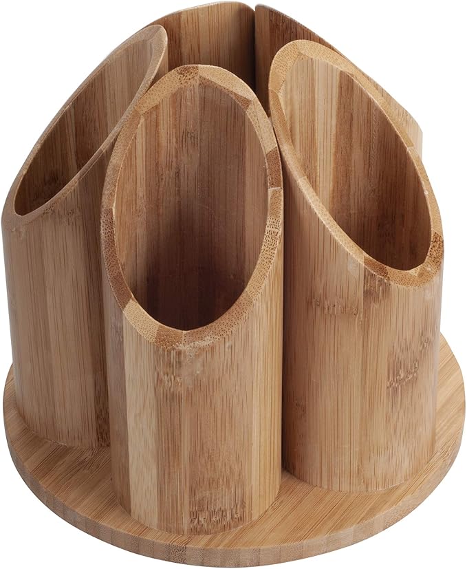 MobileVision Bamboo Circular Rotating Utensil Holder & Kitchen Organizer, 5 Sections, Store Forks, Spoons, Knives, Serving Utensils, and Other Cooking Tools