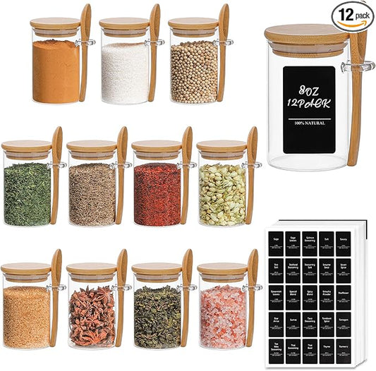 ComSaf 12 Pcs Glass Spice Jars with Spoons, 8oz Containers with Bamboo Lids, Glass Storage Containers with Airtight Lids with 275 Labels for Seasonings, Salt, Loose Leaf Tea Storage