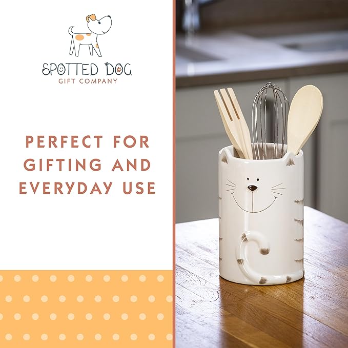 SPOTTED DOG GIFT COMPANY Cat Utensil Holder, Ceramic Utensil Crock, Cute Kitchen Countertop Decor, Baking & Cooking Tools Organizer, Gifts for Cat Lovers & Pet Owners 4.3" x 6.3"