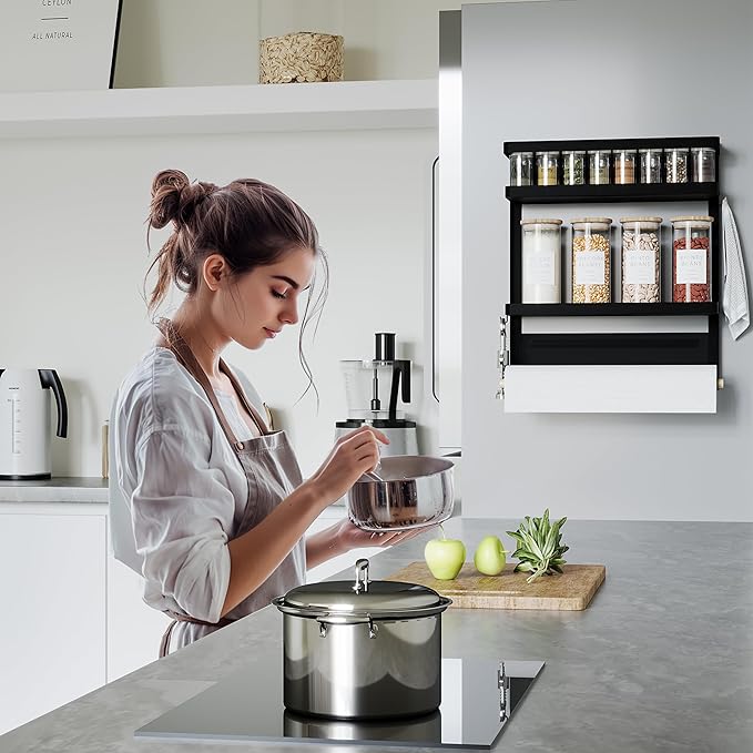 Magnetic Spice Rack Organizer Single Tier Refrigerator Spice Storage Shelf, Easy to Install The Side of The Refrigerator Can Hold spices, Jar of Olive Oil (Black L)