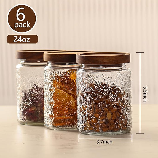 6 Pack 24oz Vintage Glass Jar with Wooden Lid – BPA-Free, Airtight Food Storage Canister for Kitchen Counter, Pantry, Coffee, Sugar, Spices & Dry Foods