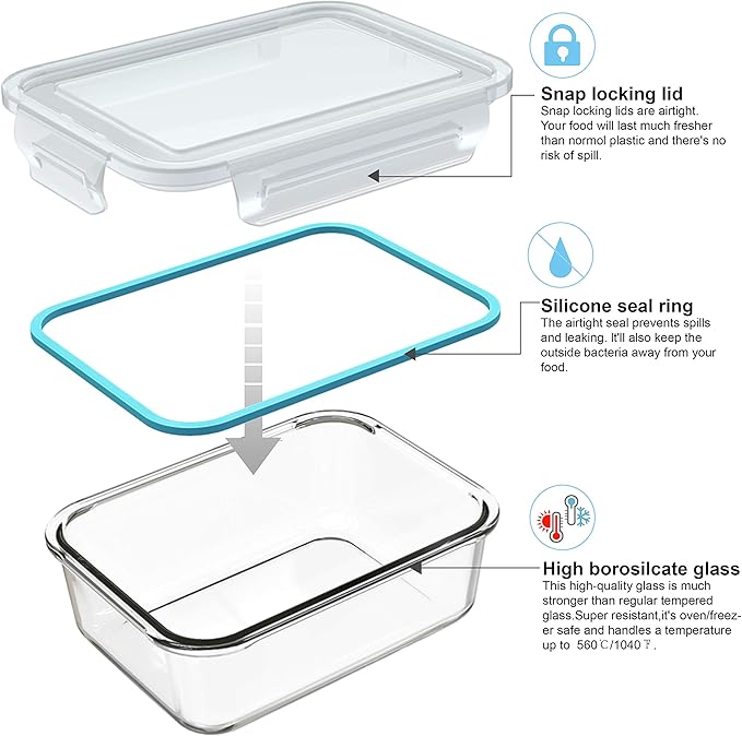 Glass Food Storage Containers with Lids, [18 Piece] Glass Meal Prep Containers, Containers for Food Storage with Lids, BPA Free & Leak Proof (9 Lid & 9 Container)