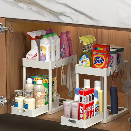 2PC Under Sink Organizer Rack 2 Tier Under Sliding Cabinet Basket Organizer Drawer with 4 Hooks, Multi-purpose Under Sink Storage for Bathroom Kitchen Desktop（White）