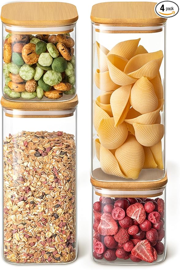 Square Glass Food Storage Jars 50 oz & 24 oz - Set of 4 Kitchen Storage Jars with Bamboo Lid Airtight for Coffee, Flour, Pasta, Cereal, Cookie, Spice and More